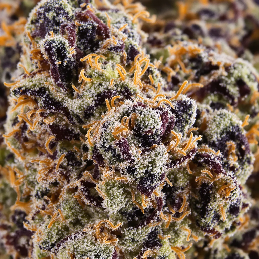 Primer plano de cogollo de cannabis Fire OG mostrando cálices densos con tonos morados