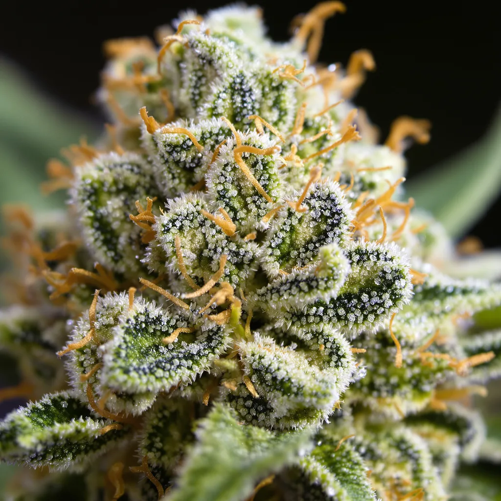 Primer plano de cogollo de cannabis Flo mostrando estructura aireada verde lima