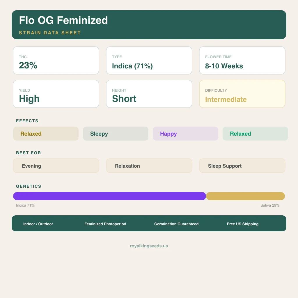 Flo OG 71% indica / 29% sativa — flor con tricomas visibles