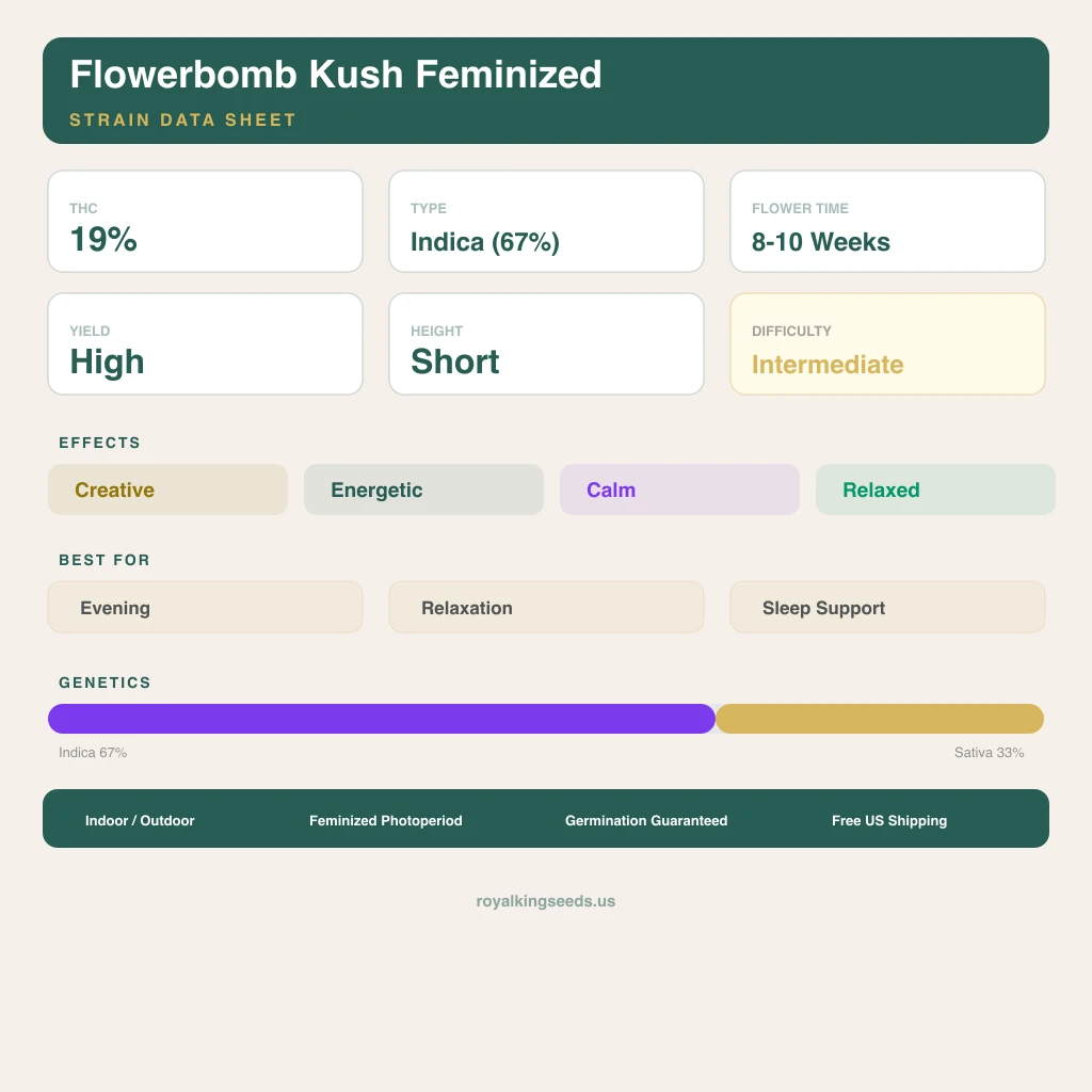Flowerbomb Kush 67% indica / 33% sativa — flor con tricomas visibles
