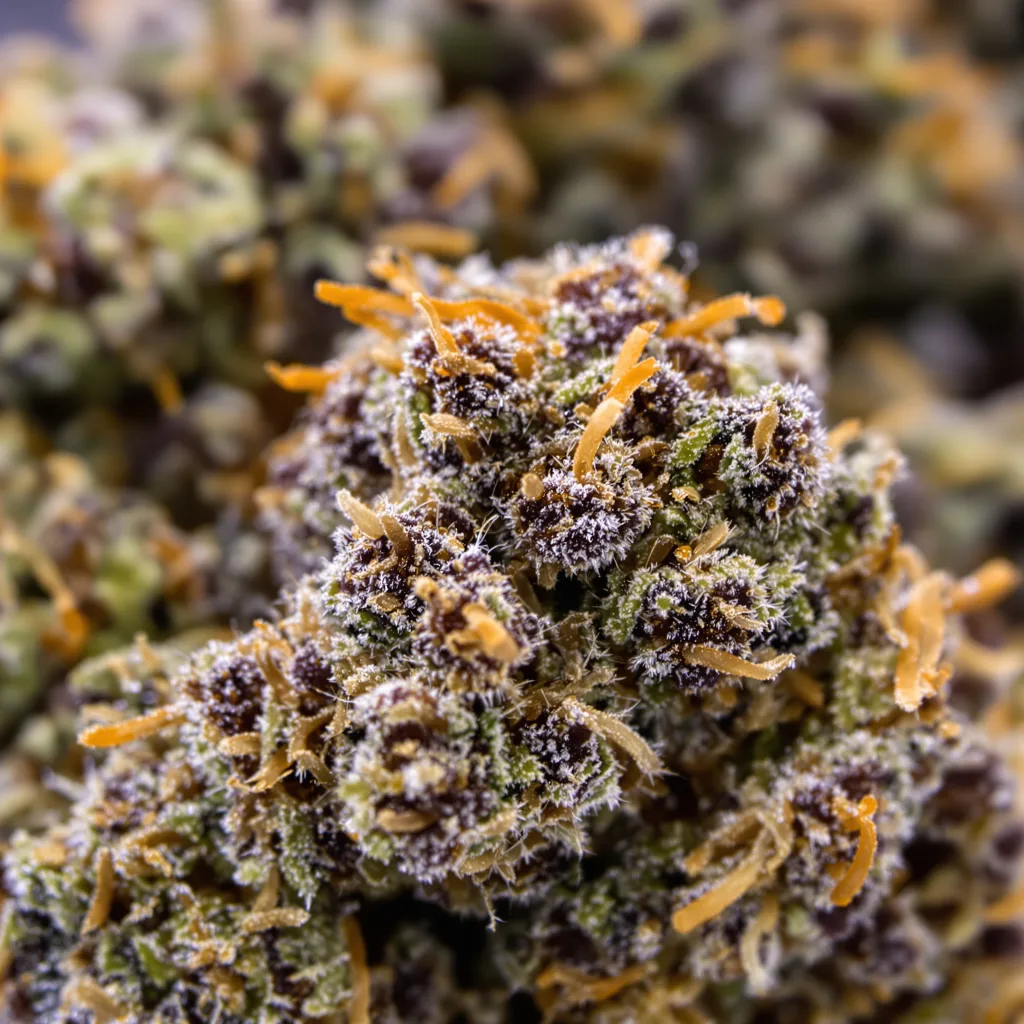 Primer plano de cogollo de cannabis Flowerbomb Kush mostrando cálices densos con tonos morados