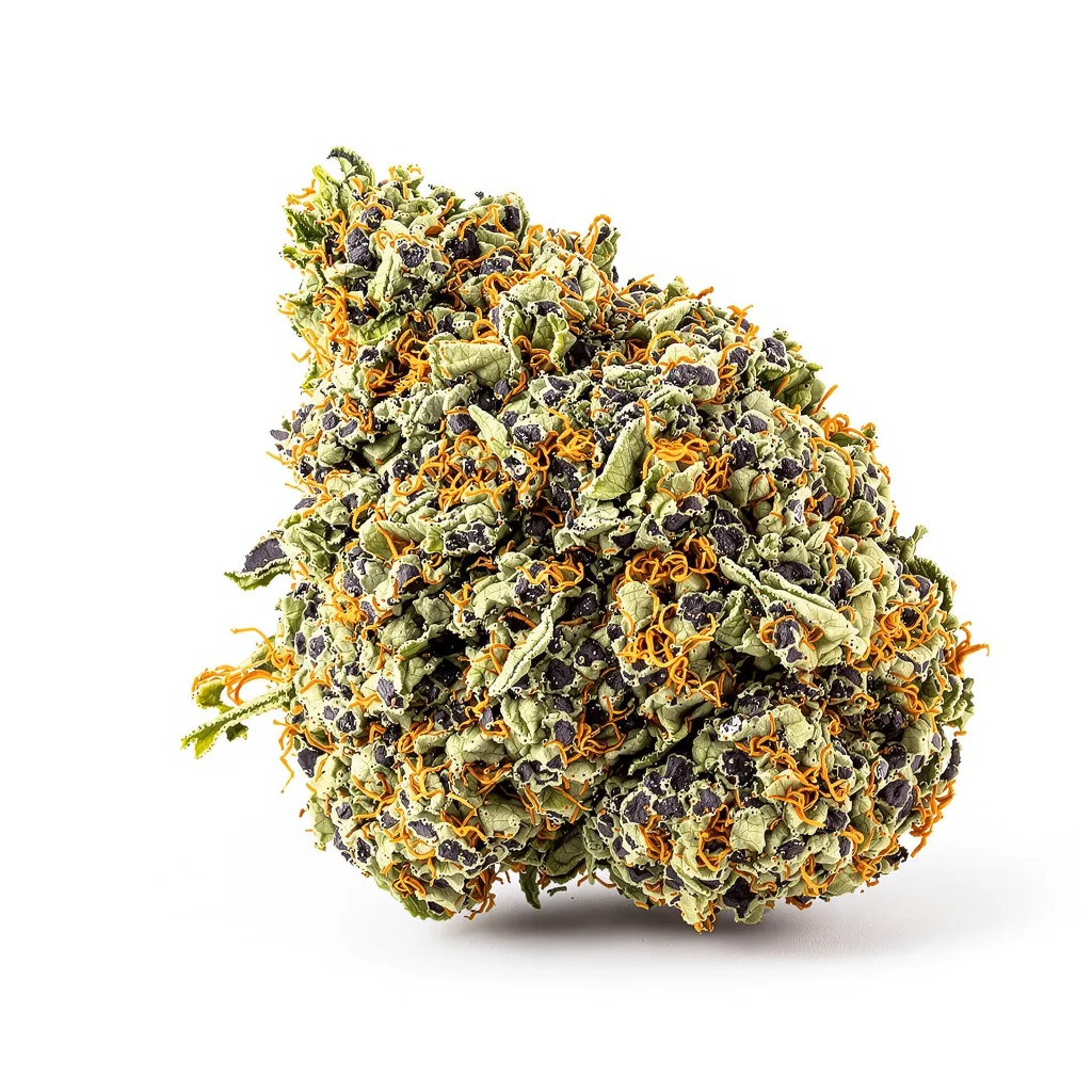 Flowerbomb Kush 67% indica / 33% sativa — flor con tricomas visibles