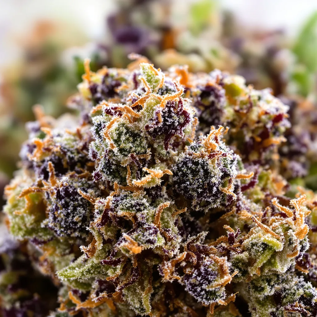 Primer plano de cogollo de cannabis Forbidden Fruit mostrando cálices densos con tonos morados