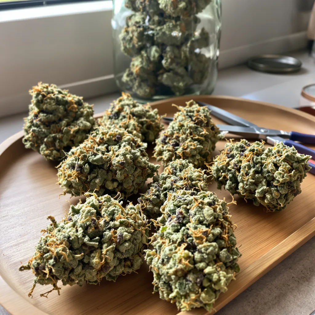 Four Star General 62% indica / 38% sativa — flor con tricomas visibles