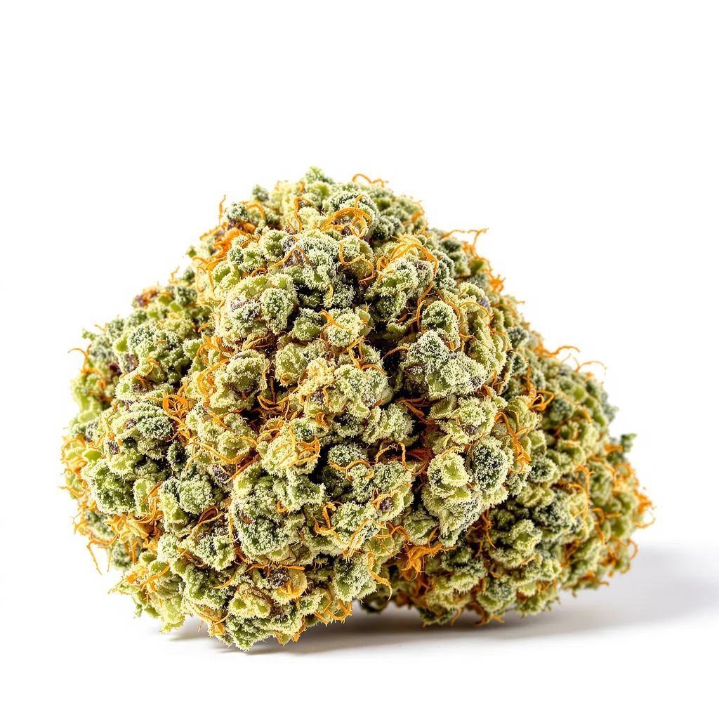 Four Star General 62% indica / 38% sativa — flor con tricomas visibles