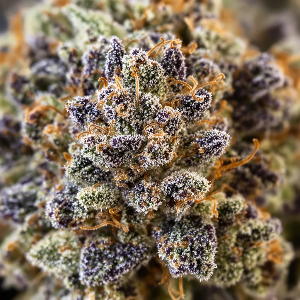Primer plano de cogollo de cannabis FPOG mostrando cálices densos con tonos morados