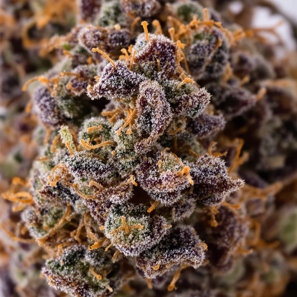 Primer plano de cogollo de cannabis Freezeland mostrando cálices densos con tonos morados