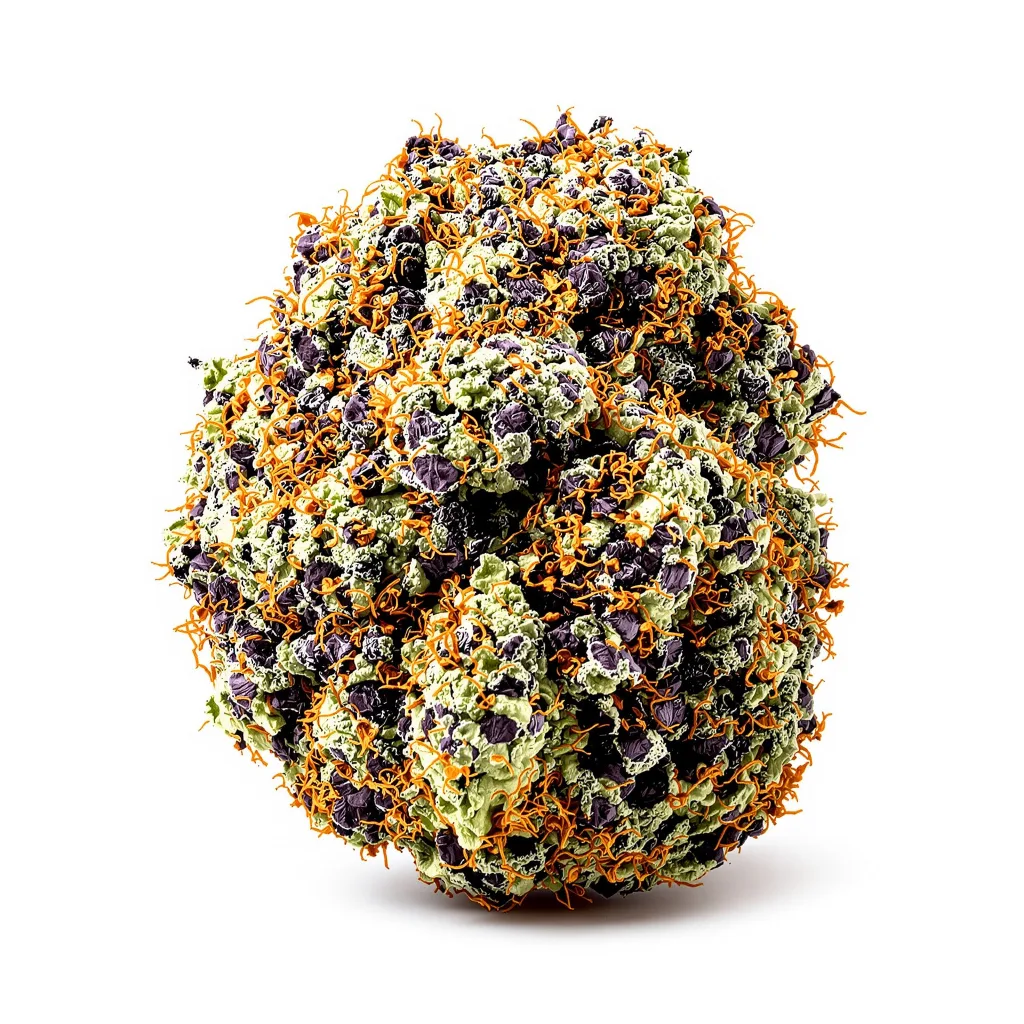 Freezeland 68% indica / 32% sativa — flor con tricomas visibles
