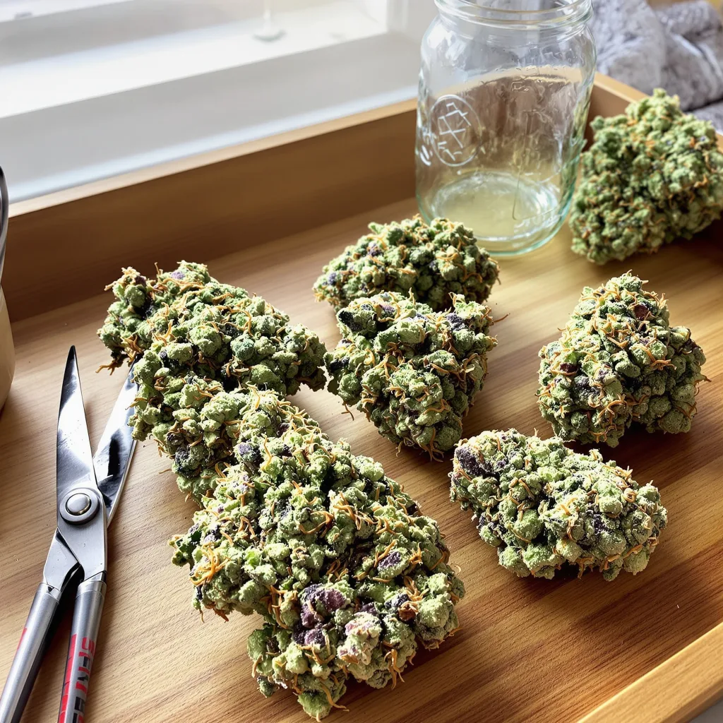 French Cookies 59% indica / 41% sativa — flor con tricomas visibles