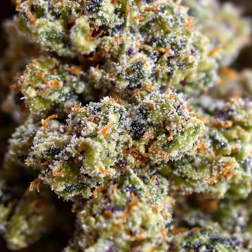 Primer plano de cogollo de cannabis French Cookies mostrando estructura equilibrada con tricomas escarchados
