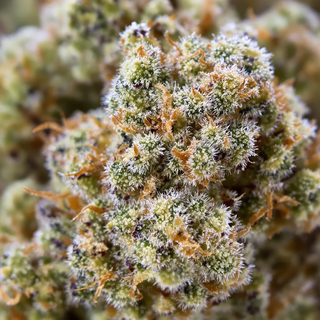 Primer plano de cogollo de cannabis French Toast mostrando cogollos densos verde bosque