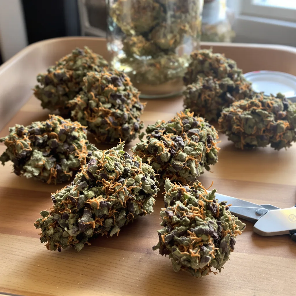 Fresh Cookies 73% indica / 27% sativa — flor con tricomas visibles