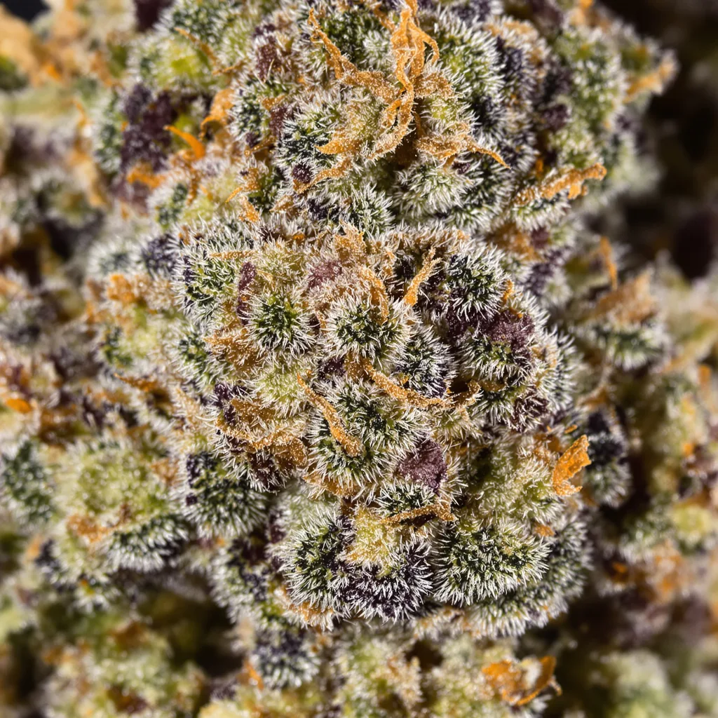 Primer plano de cogollo de cannabis Fresh Cookies mostrando cálices densos con tonos morados