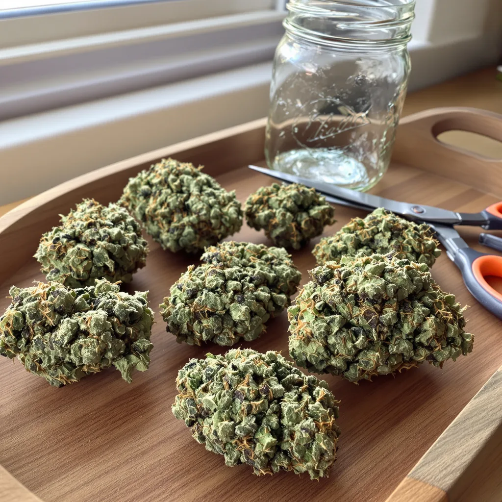 Fresh Powder 43% indica / 57% sativa — flor con tricomas visibles
