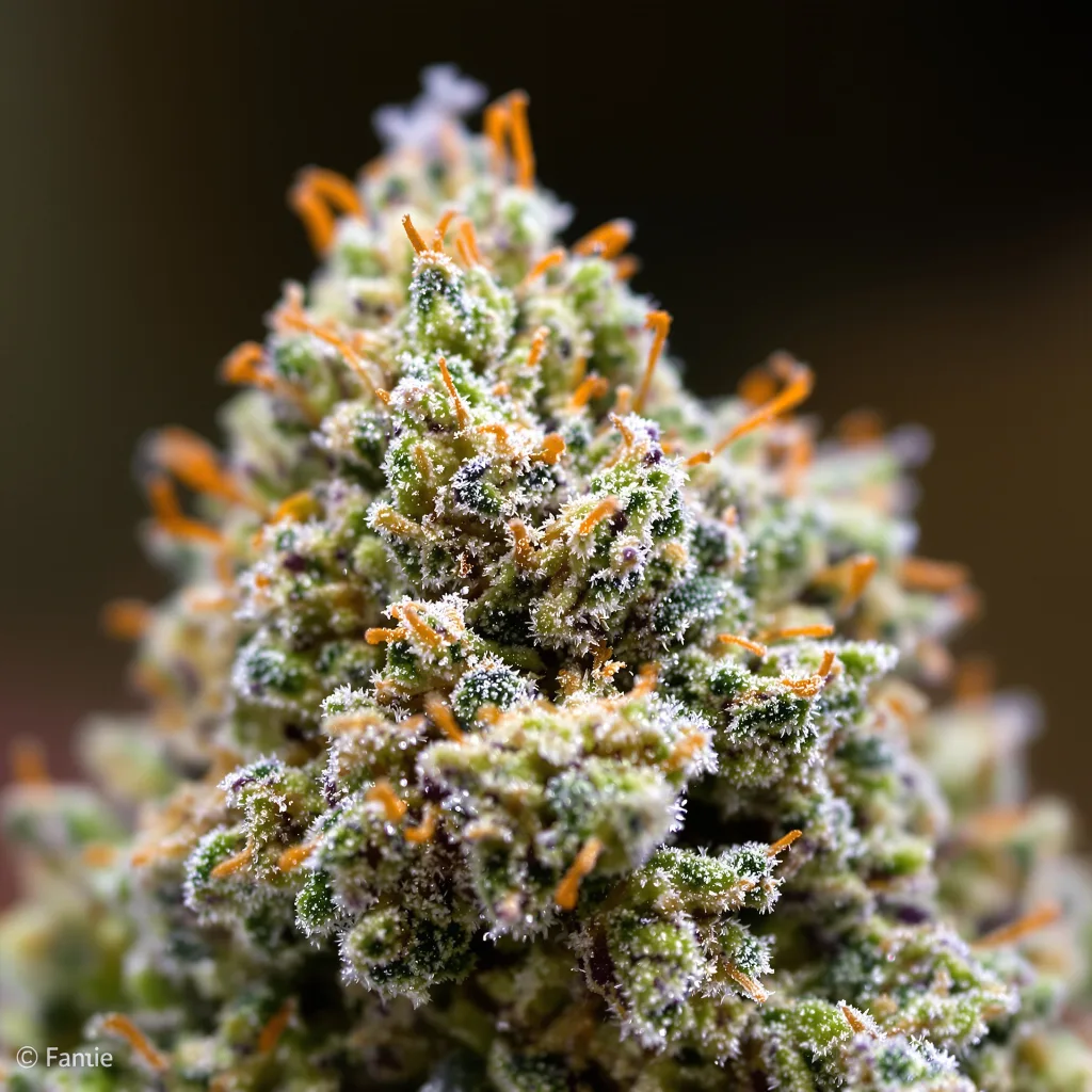 Primer plano de cogollo de cannabis Fresh Powder mostrando estructura equilibrada con tricomas escarchados