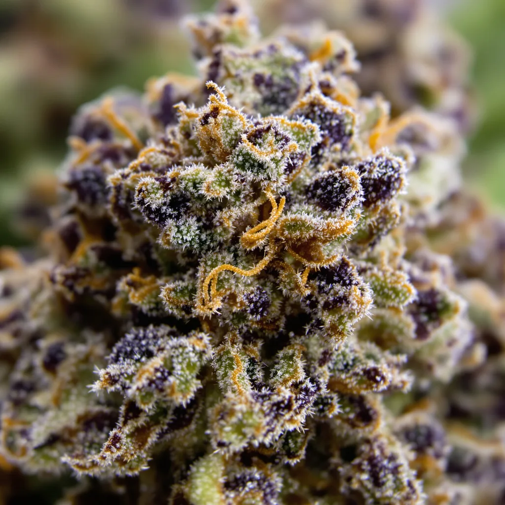 Primer plano de cogollo de cannabis Frida mostrando cálices densos con tonos morados