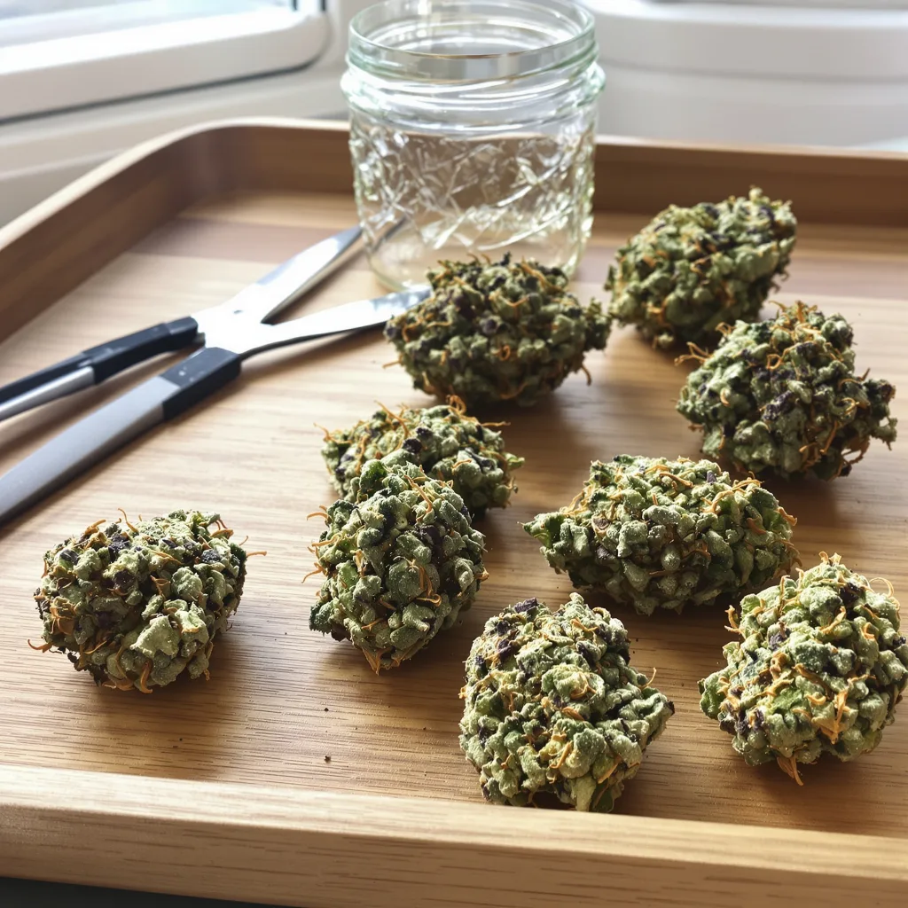 Frosty 45% indica / 55% sativa — flor con tricomas visibles