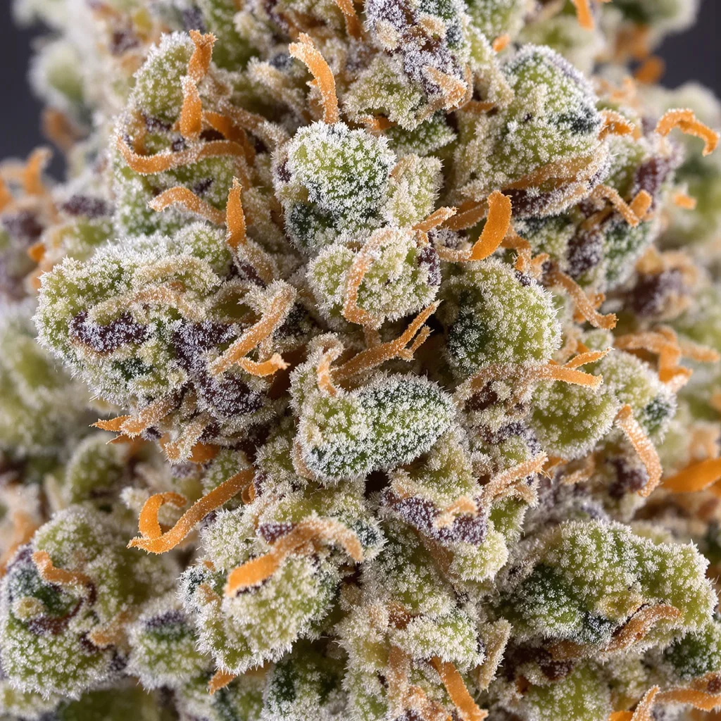 Primer plano de cogollo de cannabis Frosty mostrando estructura equilibrada con tricomas escarchados