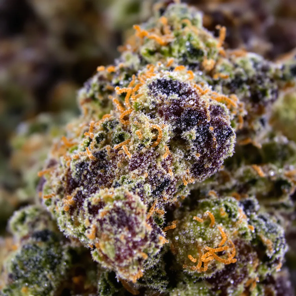 Primer plano de cogollo de cannabis Fruity Chronic Juice mostrando cálices densos con tonos morados