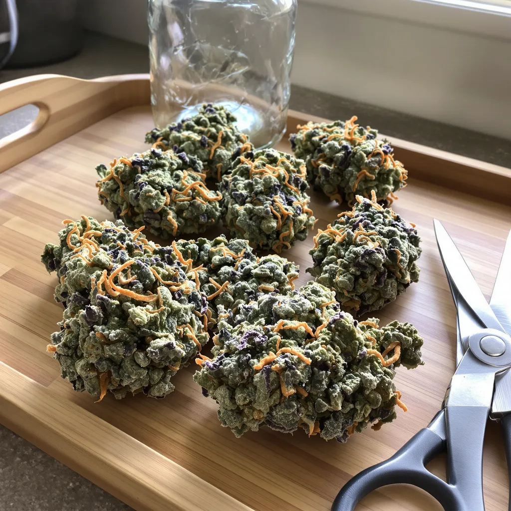 Fruity Pebbles 50% indica / 50% sativa — flor con tricomas visibles