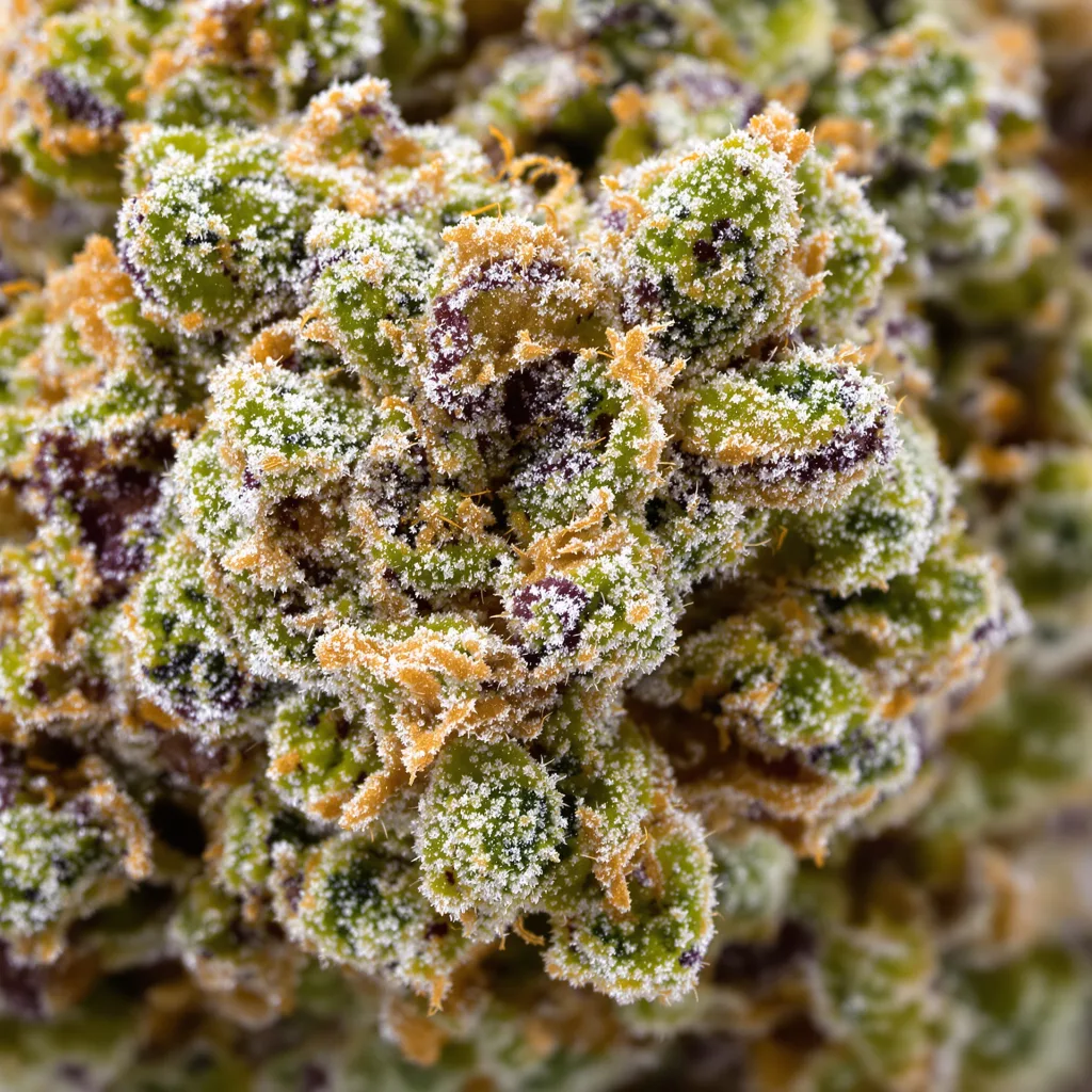 Primer plano de cogollo de cannabis Fruity Pebbles mostrando estructura equilibrada con tricomas escarchados