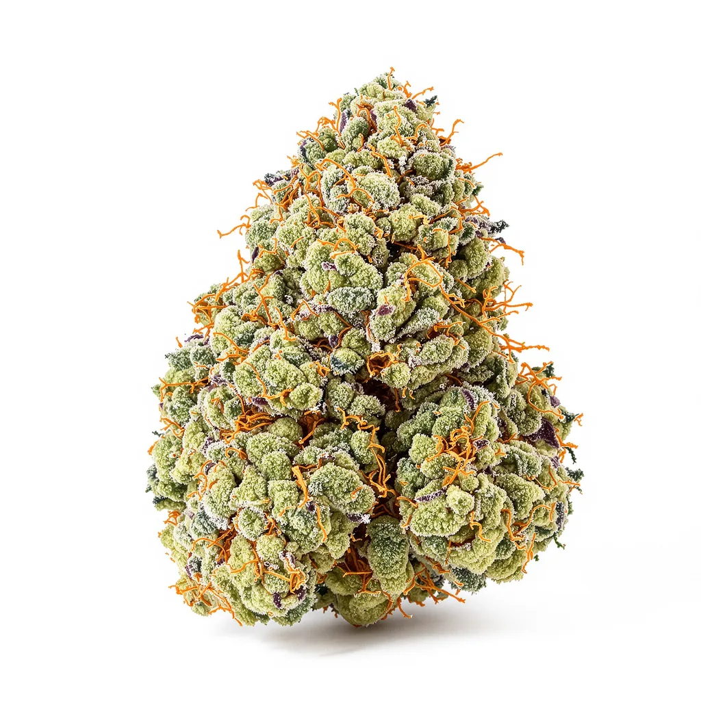 Fruity Pebbles 50% indica / 50% sativa — flor con tricomas visibles