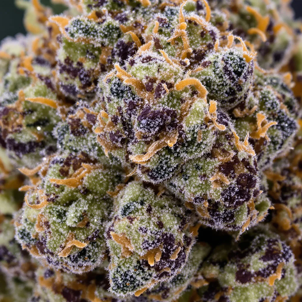 Primer plano de cogollo de cannabis Fruity Widow mostrando cálices densos con tonos morados