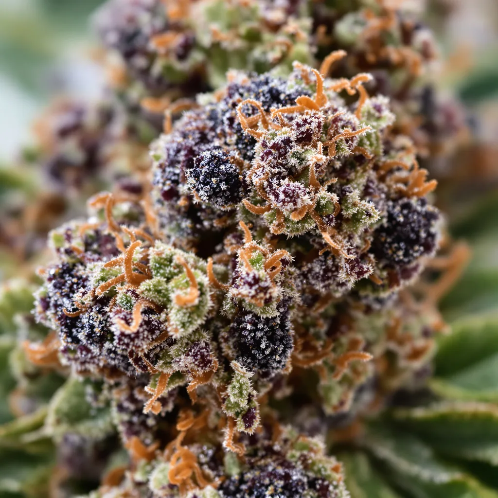 Primer plano de cogollo de cannabis Fruitylicious mostrando cálices densos con tonos morados