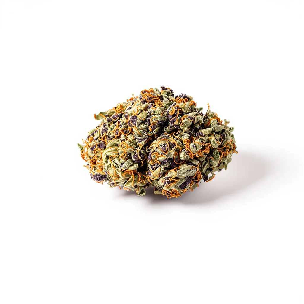 Fruitylicious 76% indica / 24% sativa — flor con tricomas visibles
