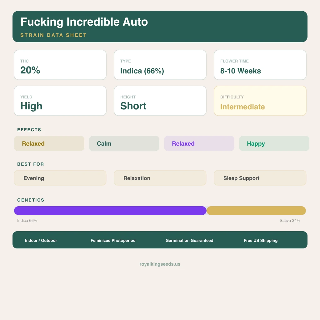 Fucking Incredible 66% indica / 34% sativa — flor con tricomas visibles