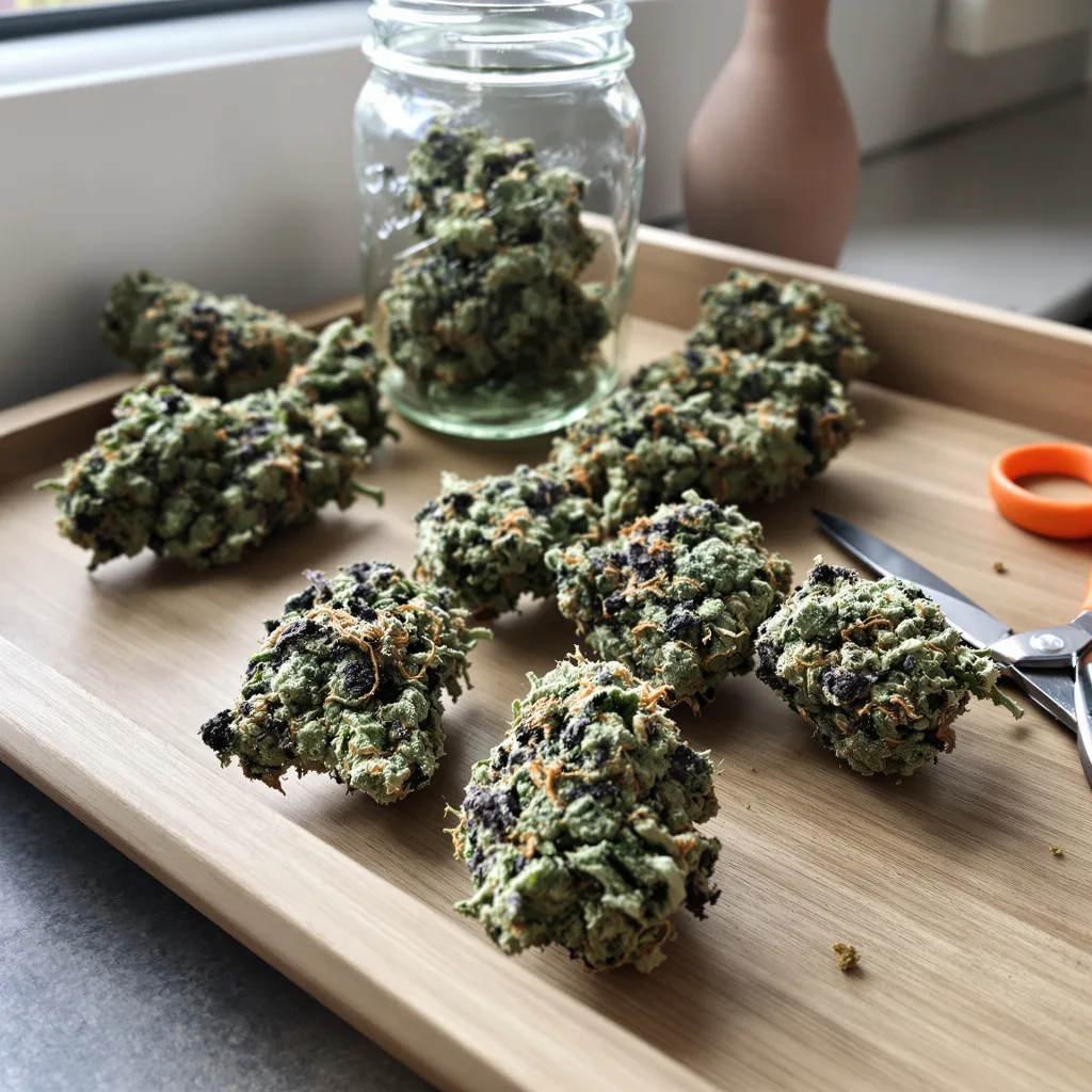 Funky Monkey 58% indica / 42% sativa — flor con tricomas visibles