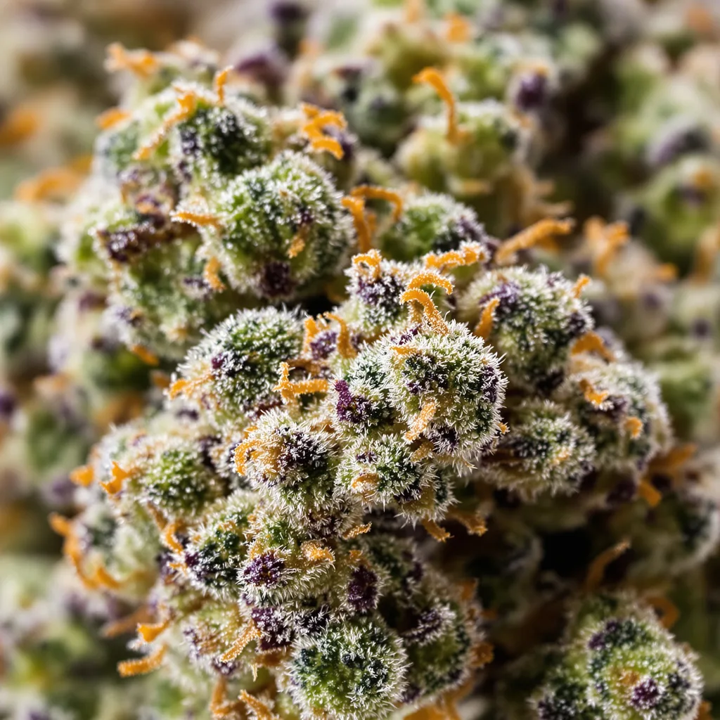 Primer plano de cogollo de cannabis Future mostrando estructura equilibrada con tricomas escarchados