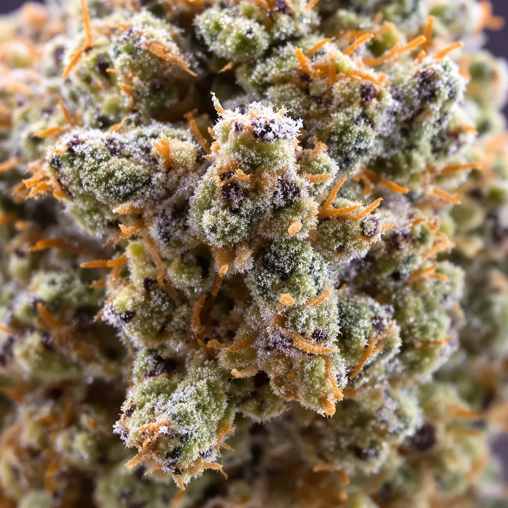Primer plano de cogollo de cannabis G.O.A.T Mixpack mostrando estructura equilibrada con tricomas escarchados