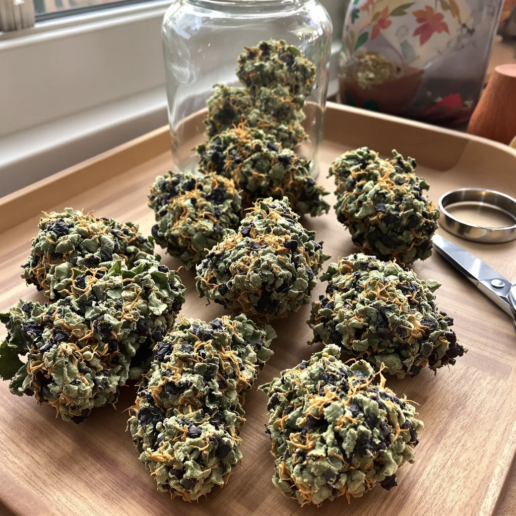 G13 Widow 65% indica / 35% sativa — flor con tricomas visibles