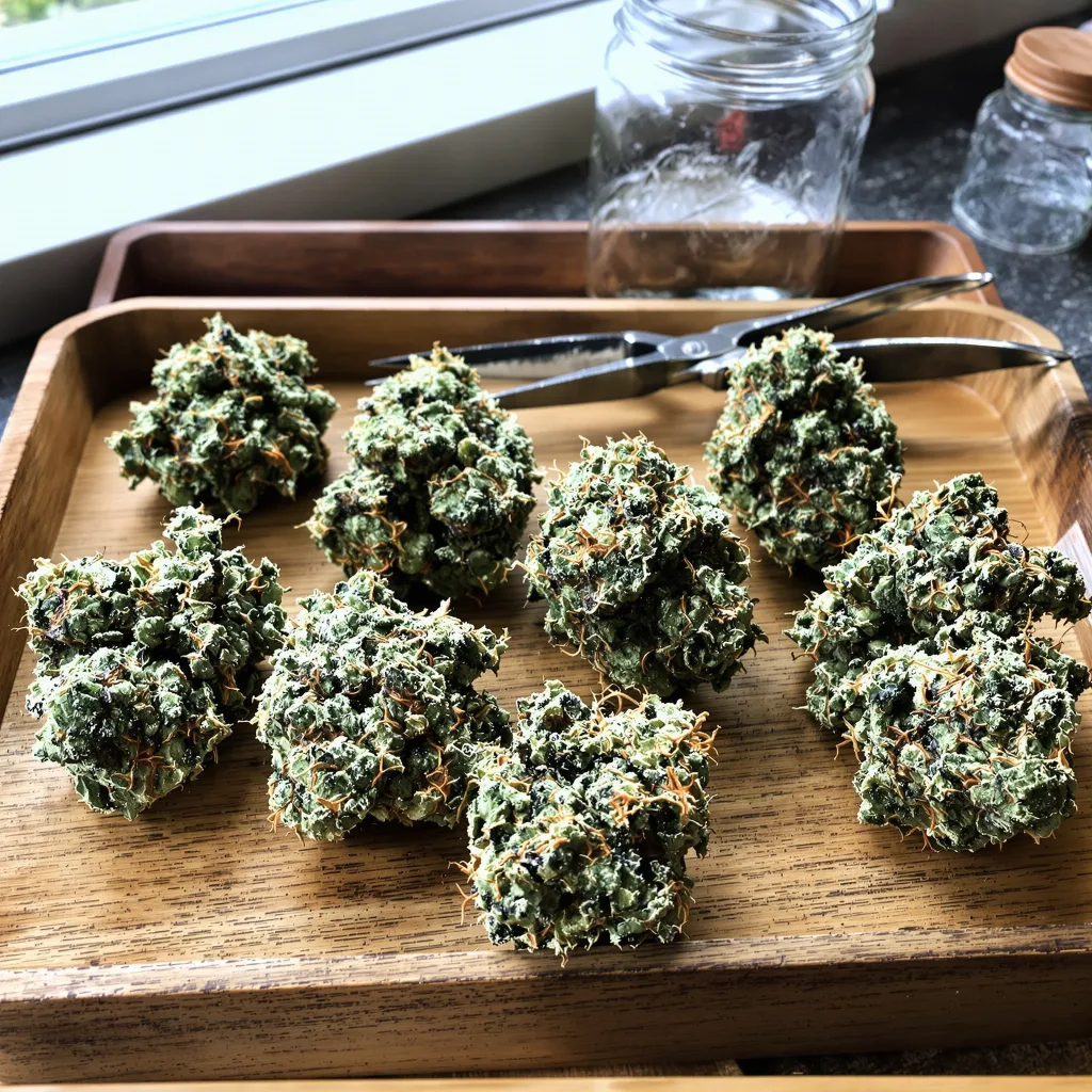 Garlic Bud 45% indica / 55% sativa — flor con tricomas visibles