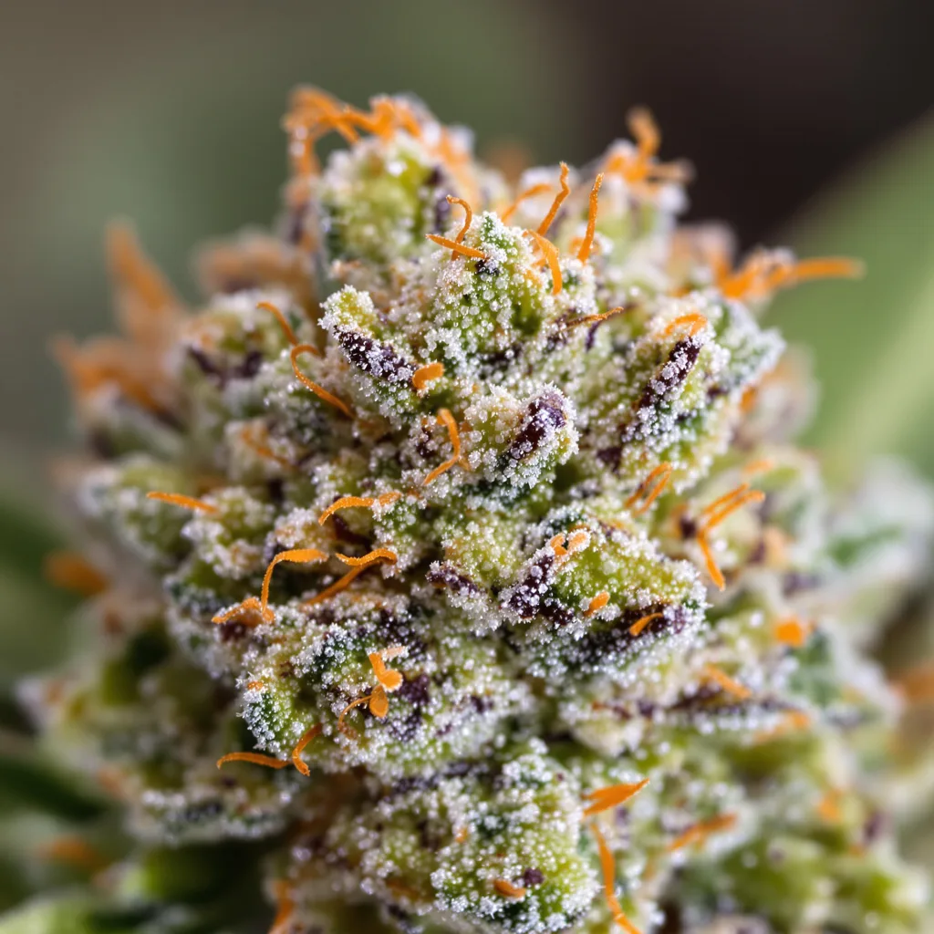 Primer plano de cogollo de cannabis Gatekeeper OG mostrando estructura equilibrada con tricomas escarchados