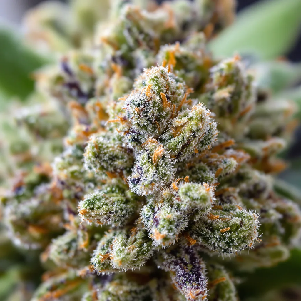 Primer plano de cogollo de cannabis Gatekeeper OG mostrando estructura equilibrada con tricomas escarchados