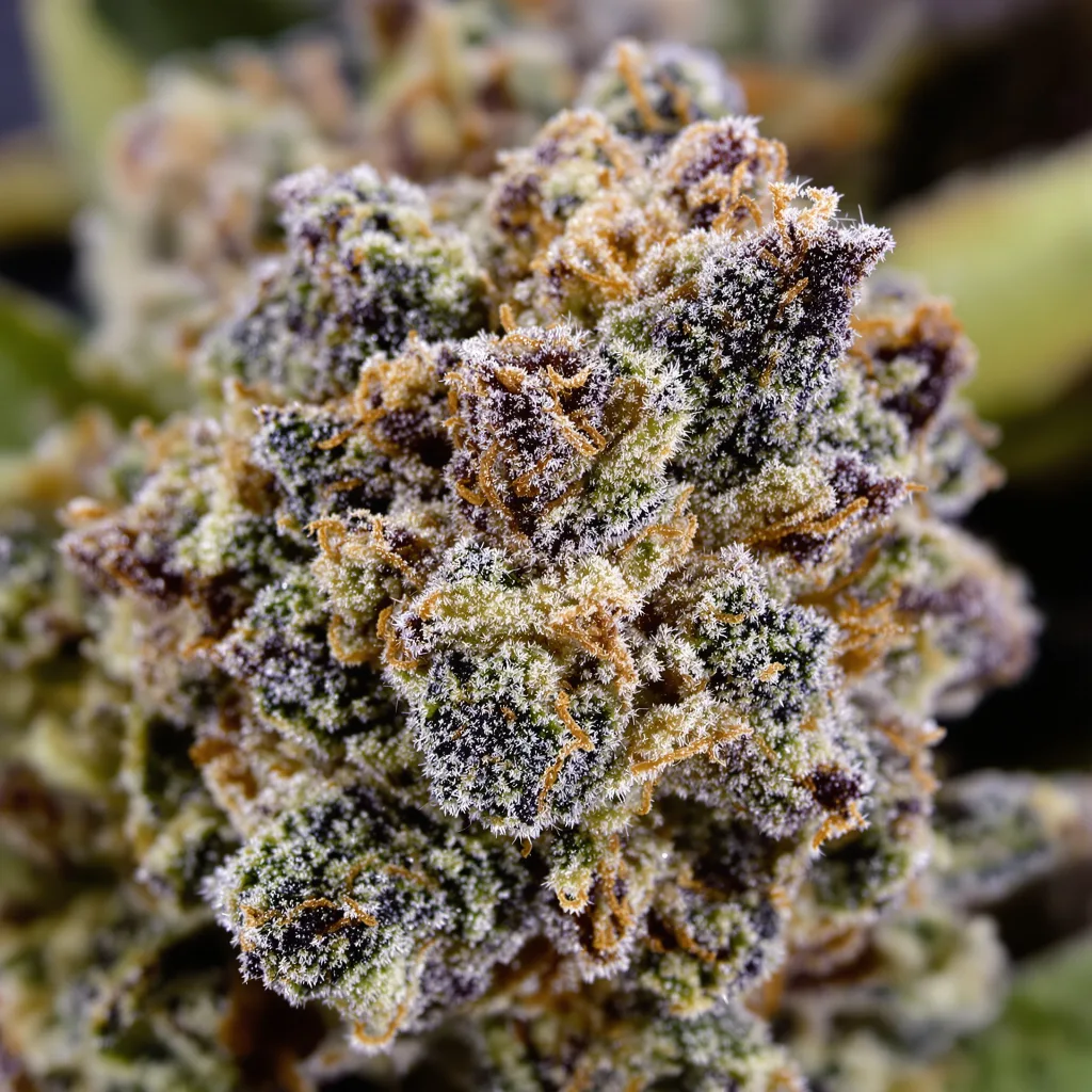 Primer plano de cogollo de cannabis Gator Breath mostrando cálices densos con tonos morados