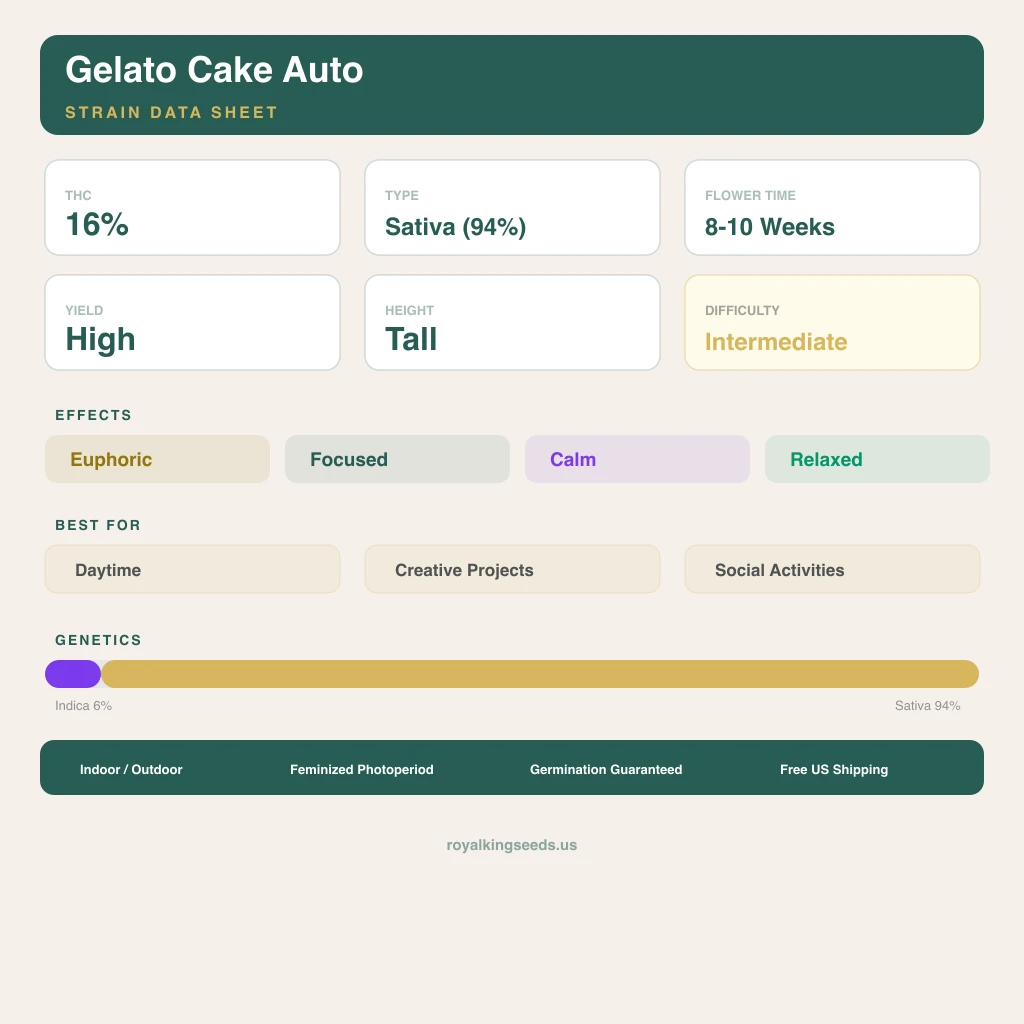 Gelato Cake 6% indica / 94% sativa — flor con tricomas visibles