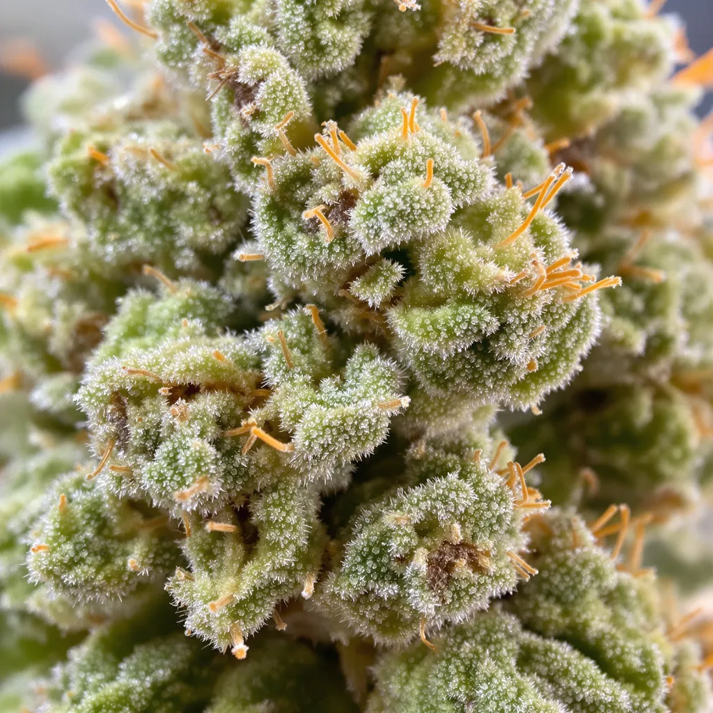 Primer plano de cogollo de cannabis Gelato Cake mostrando estructura aireada verde lima