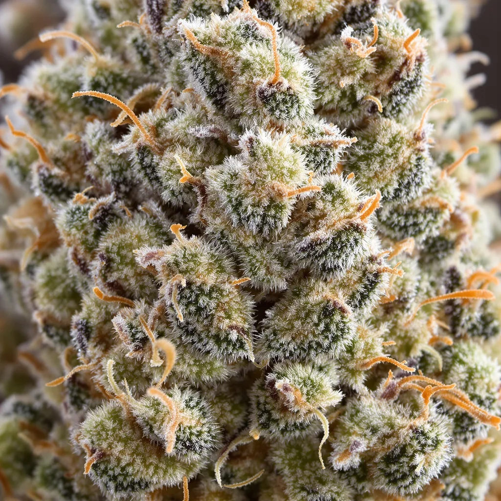 Primer plano de cogollo de cannabis Gelato mostrando estructura abierta con pistilos naranjas