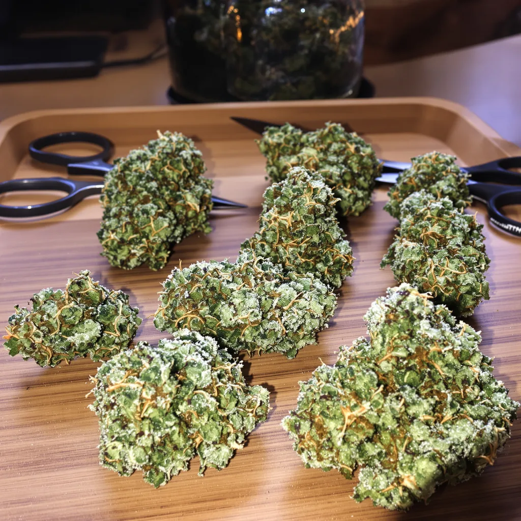Georgia Pie 50% indica / 50% sativa — flor con tricomas visibles