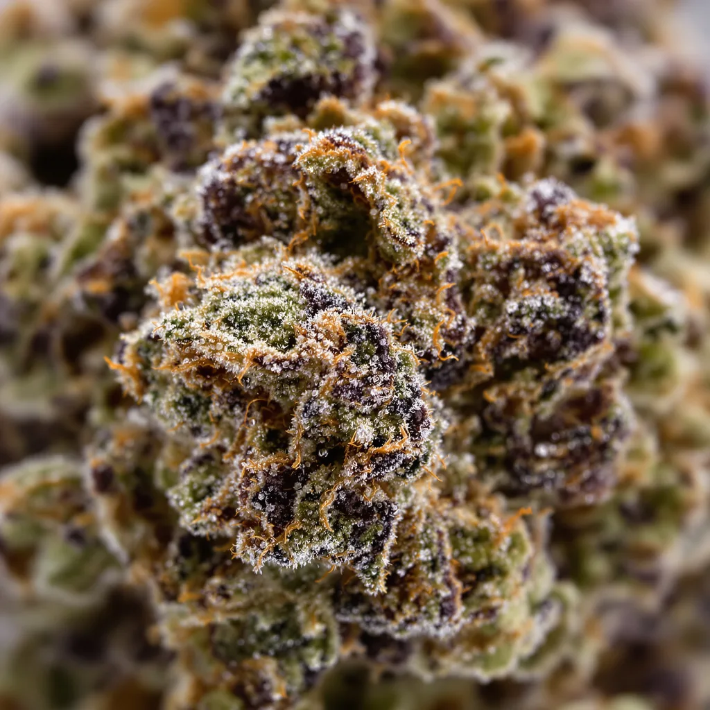 Primer plano de cogollo de cannabis Ghost OG mostrando cálices densos con tonos morados