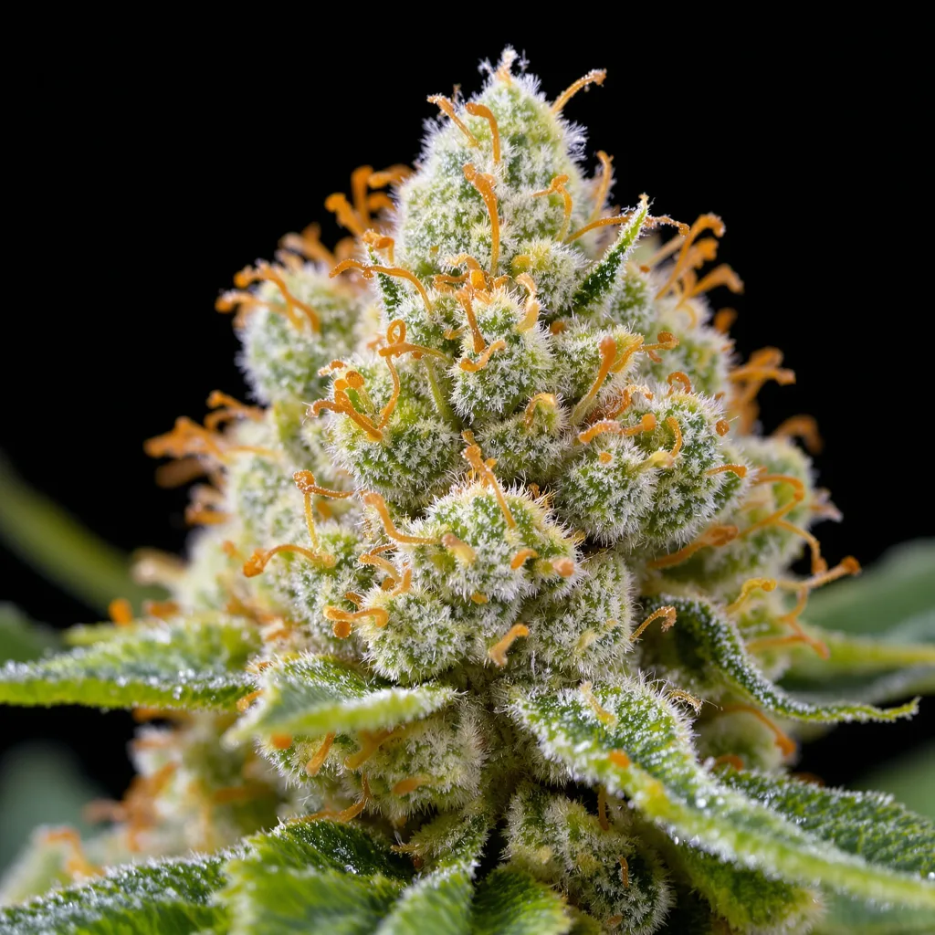 Primer plano de cogollo de cannabis Ghost Train Haze mostrando estructura aireada verde lima