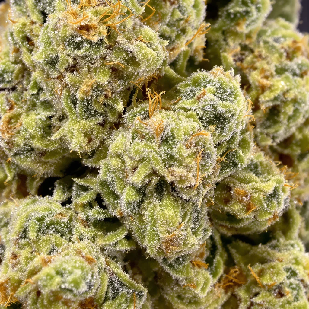 Primer plano de cogollo de cannabis Ghost Train Haze mostrando estructura aireada verde lima