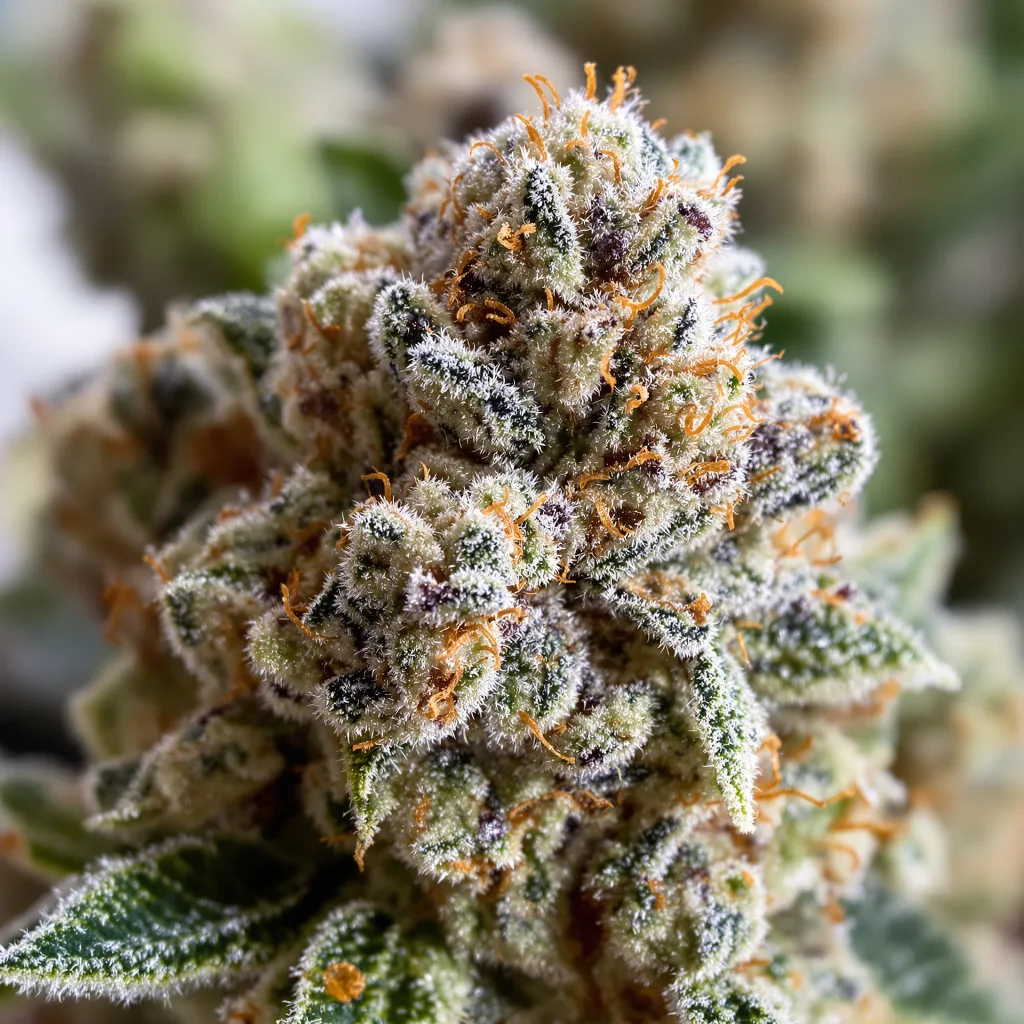 Primer plano de cogollo de cannabis Girl Scout Cookies mostrando estructura abierta con pistilos naranjas