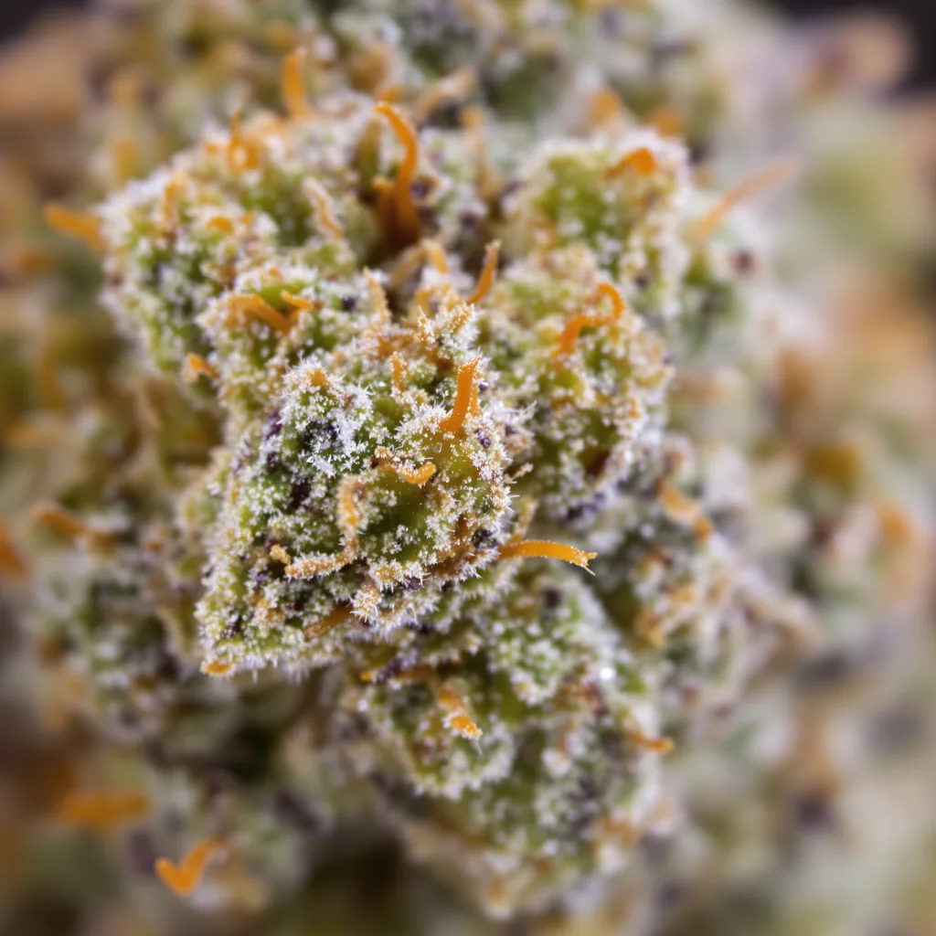 Primer plano de cogollo de cannabis Glass Apple mostrando estructura equilibrada con tricomas escarchados