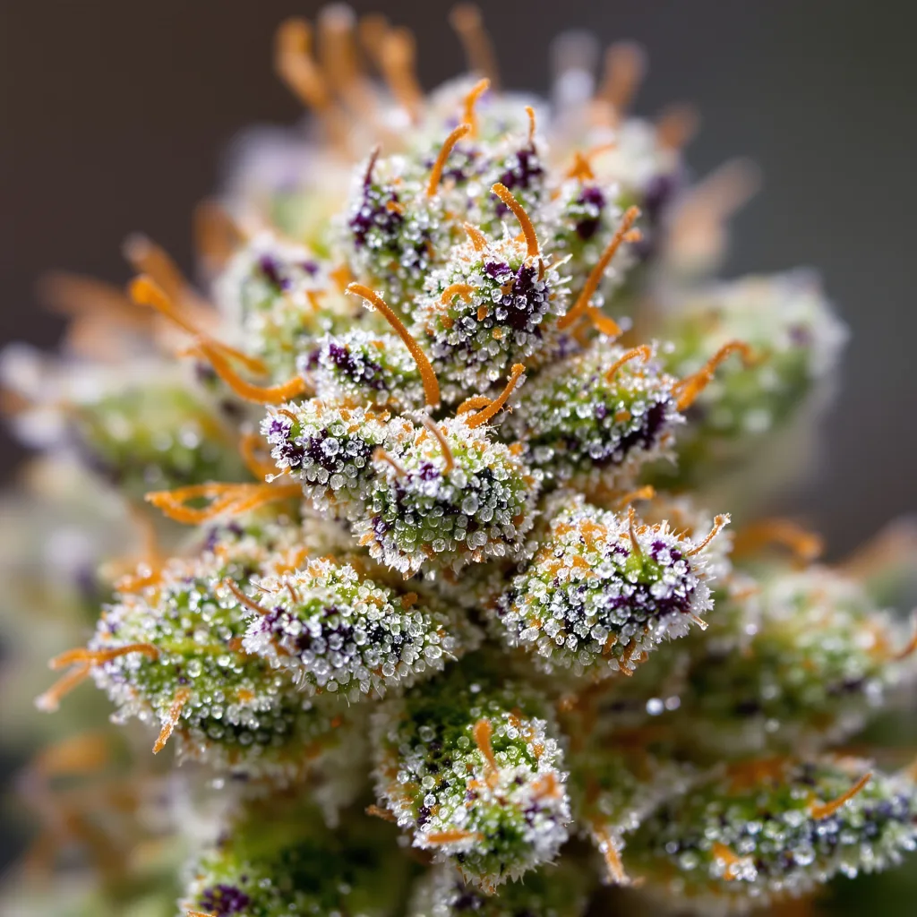 Primer plano de cogollo de cannabis Glass Slipper mostrando estructura abierta con pistilos naranjas