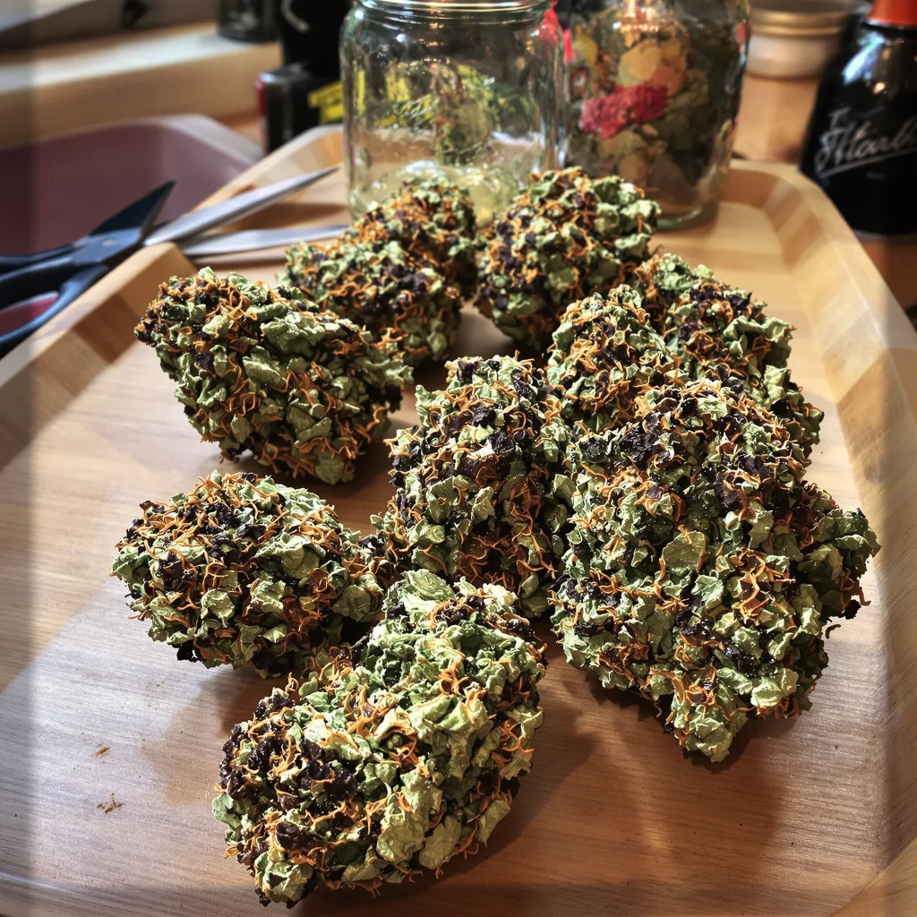 GMO Cookies 80% indica / 20% sativa — flor con tricomas visibles