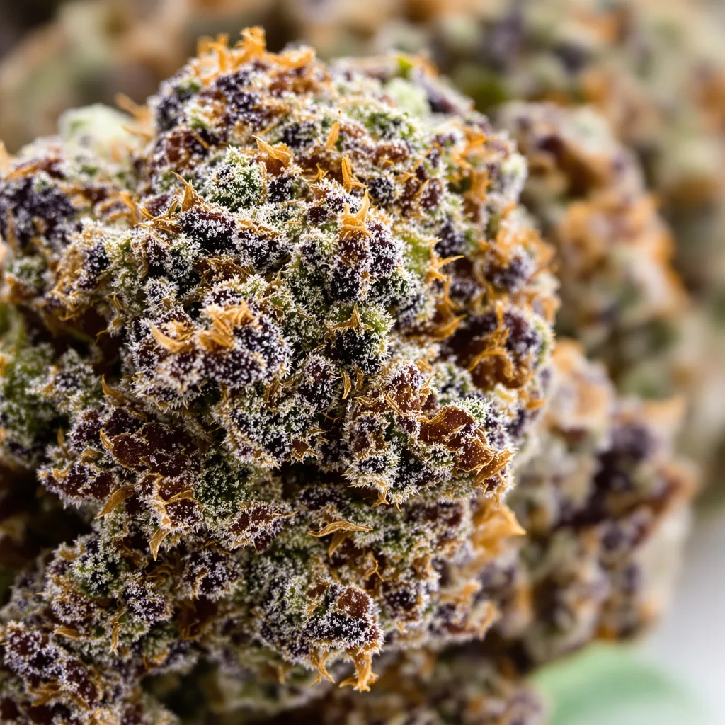 Primer plano de cogollo de cannabis GMO Cookies mostrando cálices densos con tonos morados